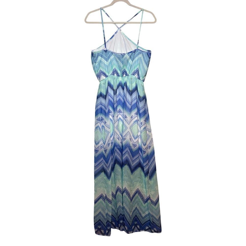 Crystal Doll Chevron Maxi Dress NWT Blue Boho Beach Resort Crisscross Juniors 7 - Picture 2 of 4